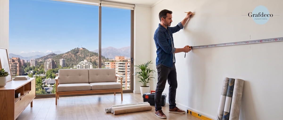 Hombre midiendo con huincha el ancho de un muro blanco en un departamento, antes de instalar papel mural GrafDeco