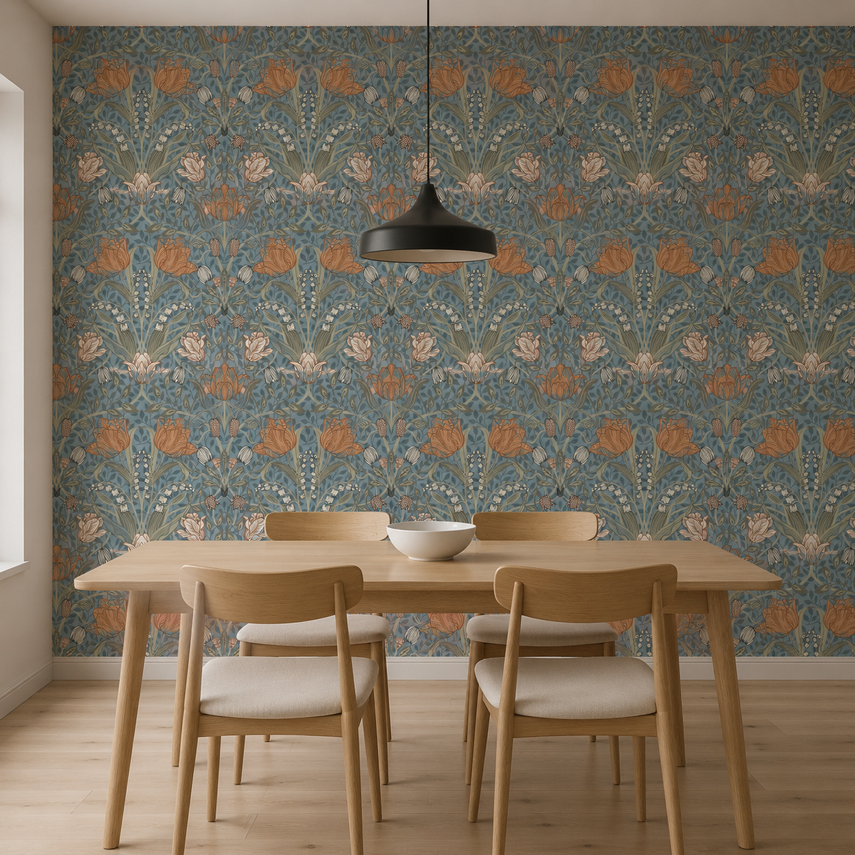 Papel mural Tulipán en comedor con mesa de madera clara y lámpara colgante negra