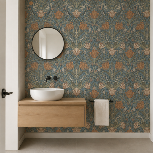 Papel mural Tulipán floral azul instalado en baño con lavamanos de madera y espejo redondo negro