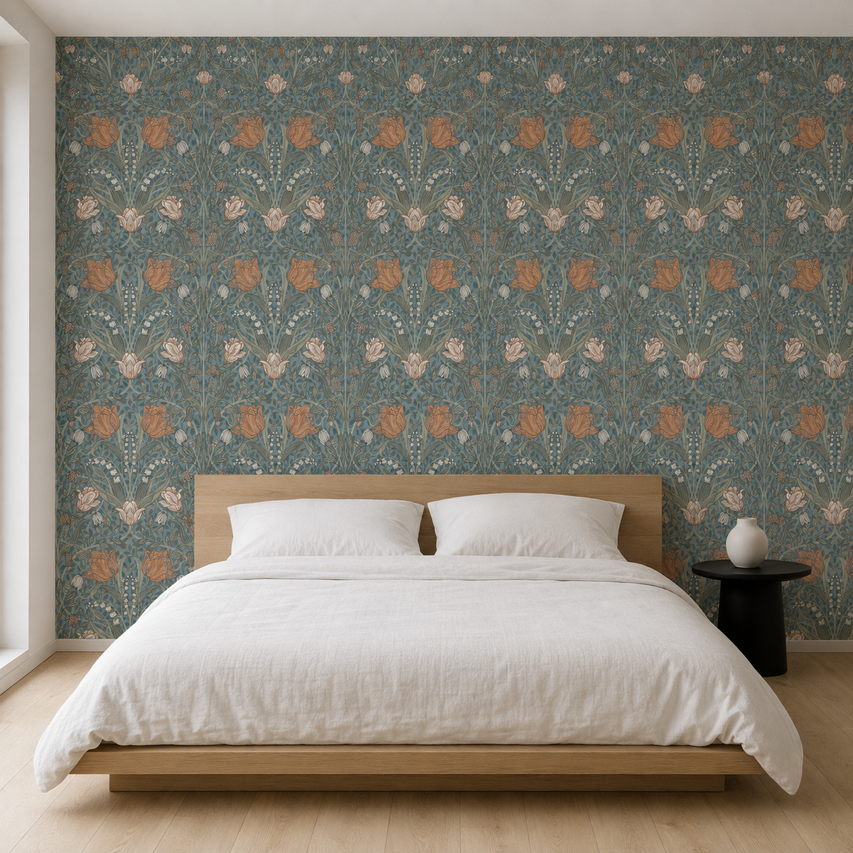 Dormitorio con papel mural Tulipán floral vintage detrás de cama de madera y ropa de cama blanca