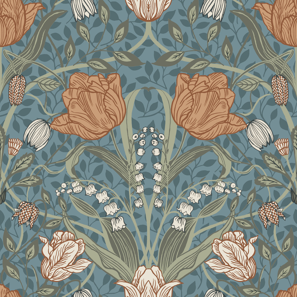 Diseño del papel mural Tulipán en primer plano: tulipanes naranjos, campanillas blancas y hojas verdes