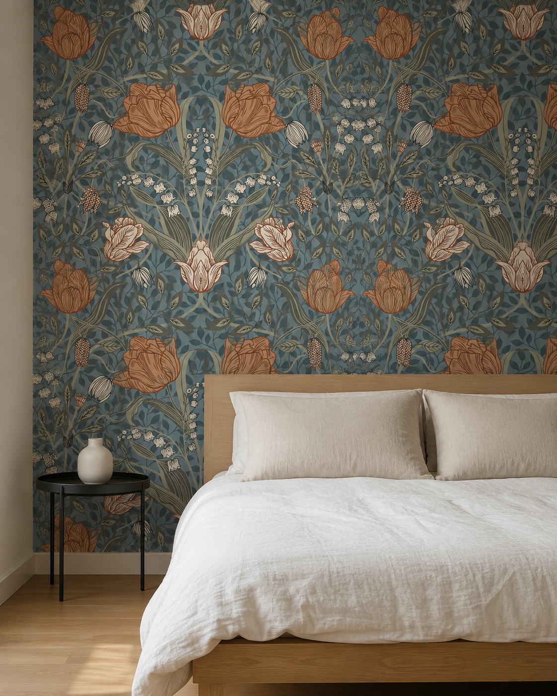 Detalle del papel mural Tulipán en dormitorio, tulipanes terracota sobre fondo azul petróleo